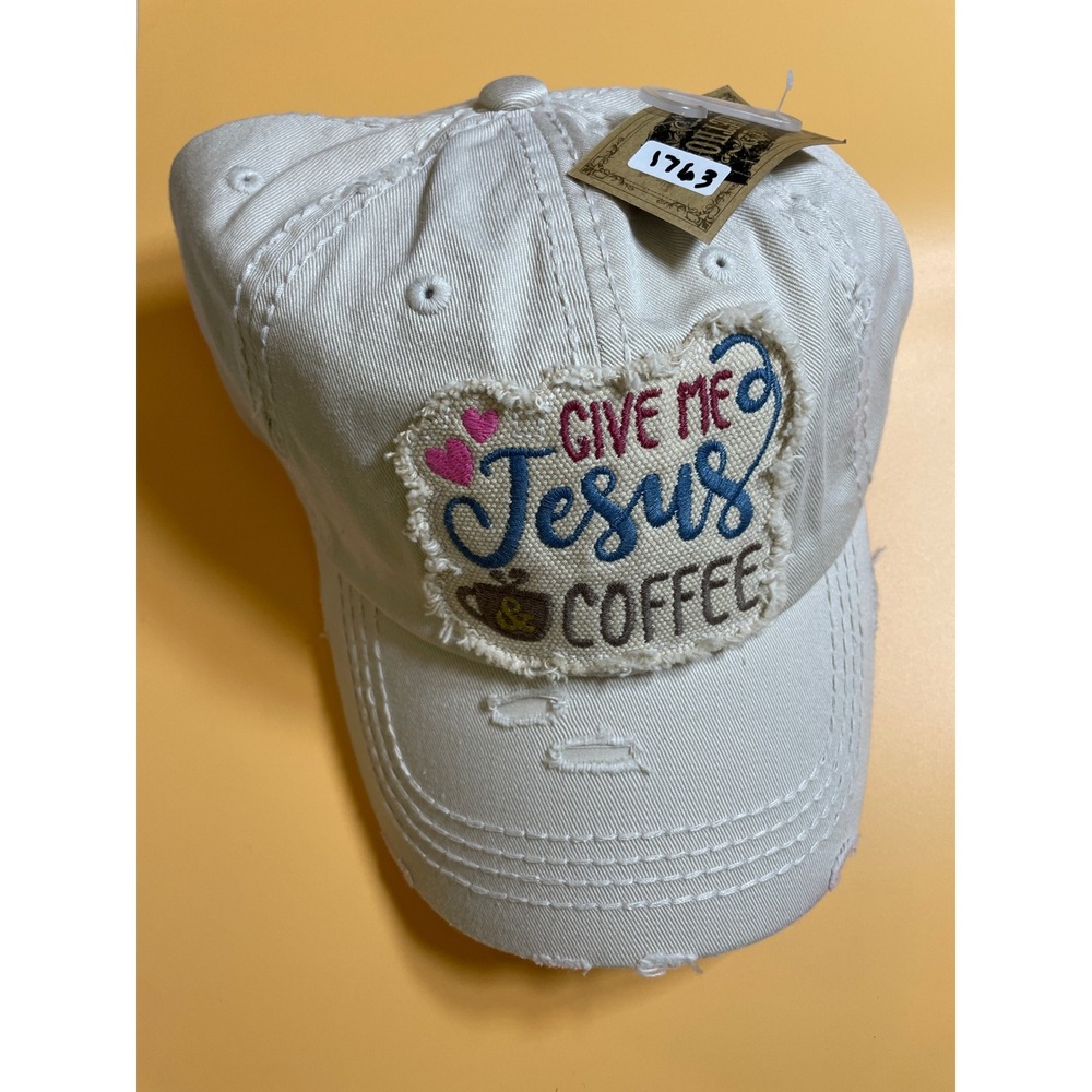 KBETHOS Baseball Cap Womens OSFA Cream NWT Distressed Jesus & Coffee Hat